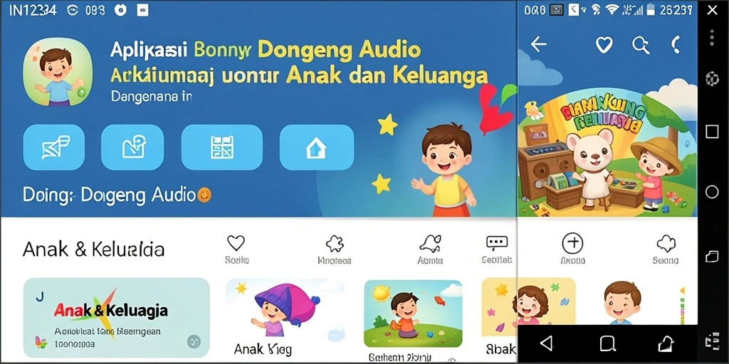 Tampilan antarmuka aplikasi Dongeng Audio IN1234 yang menawan.