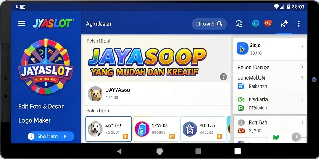 Antarmuka JAYASLOT menunjukkan berbagai alat untuk menciptakan logo.