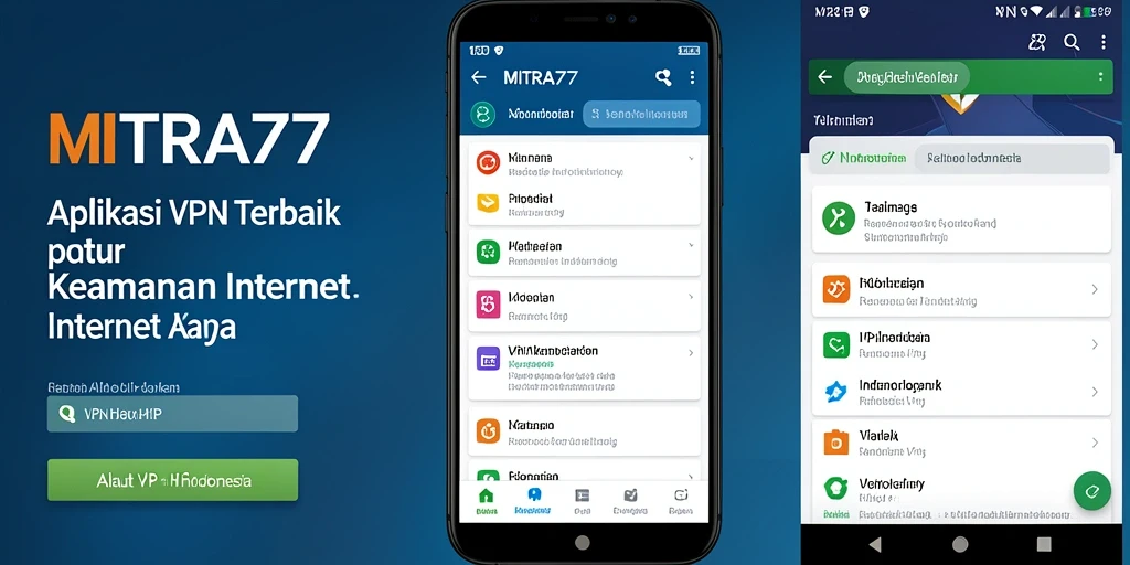 Antarmuka utama MITRA77 menampilkan berbagai fitur VPN dengan mudah.